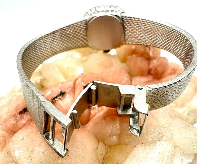 Puede incluir: Un reloj plateado con una correa de malla y un cierre de hebilla. El reloj tiene una esfera redonda y un bisel plateado.