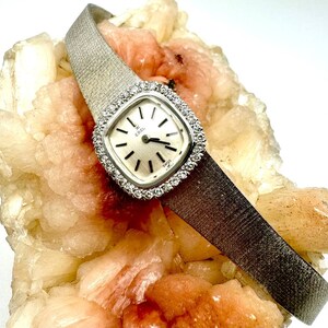 Puede incluir: Un reloj plateado con una esfera cuadrada y detalles de diamantes. La esfera del reloj es blanca con marcadores de hora en n&uacute;meros romanos negros y agujas negras. La correa del reloj es de estilo malla plateada. El reloj est&aacute; sobre una roca rosa y blanca.