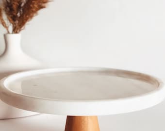 White Marble Cake Stand with Wooden Cone Base, Modern Dessert Pedestal, Luxury Kitchen Decor, Vanity Tray, Wedding Cake Display
