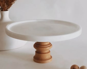 Marble Cake Stand with Wooden Pedestal | Handmade Dessert Display Stand | Modern Kitchen Decor | Wedding Cake Stand | Serving Tray