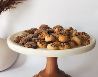 Handmade Marble Cake Stand | White Marble Dessert Stand with Wooden Pedestal | Serving Platter | Modern Kitchen Decor