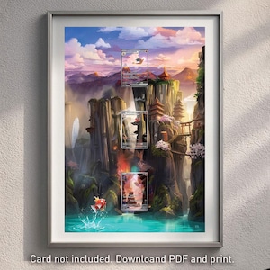 May include: Framed print featuring a vibrant landscape with Japanese-style architecture, waterfalls, and a koi fish. The artwork includes three trading card placeholders. Text at the bottom reads: "Card not included. Download PDF and print."