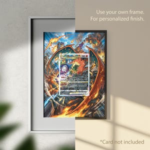 May include: A rectangular black picture frame containing a vibrant, detailed illustration of a Charizard VSTAR trading card battle scene with orange, blue, and purple colours. The text reads: Use your own frame. For personalised finish. *Card not included.