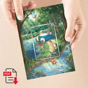 Könnte beinhalten: Eine Snorlax Pokémon-Sammelkarte wird vor einem malerischen Hintergrund aus Fluss und Wald gehalten. Die Karte zeigt einen blau-weißen Snorlax-Charakter. Ein Karpador springt im Wasser. Die Karte wird von zwei Händen gehalten.