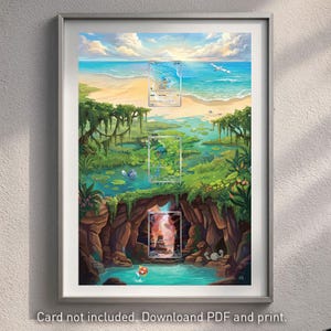 May include: Framed art print featuring a fantasy landscape with a beach, swamp, and cave. The artwork includes three transparent card overlays. The text at the bottom reads "Card not included. Download PDF and print."