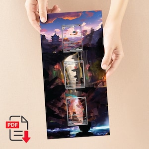 Puede incluir: Una impresión que presenta un paisaje escénico con tres cartas coleccionables superpuestas. Las cartas muestran un Charizard y otros personajes Pokémon. El arte de fondo muestra una puesta de sol sobre una pagoda y montañas.
