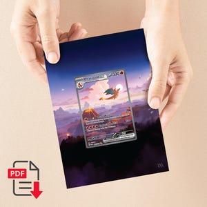 May include: A print featuring a Charizard EX Pokémon card with a fiery orange and blue design. The card is set against a scenic background of a volcano and a sunset sky. The print is held by hands.
