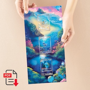 May include: A vibrant artwork featuring three Pokémon trading cards set against a colorful aquatic landscape. The cards showcase Squirtle, Wartortle, and Blastoise. The background depicts a serene underwater scene with lush vegetation and flowing water.