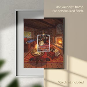 Könnte beinhalten: Ein gerahmter Druck mit einer detaillierten Illustration einer gemütlichen Bibliotheksszene mit Kamin und Bücherregalen. Der Druck enthält eine Sammelkarte mit einer Cartoonfigur. Der Text auf dem Druck lautet: "Verwenden Sie Ihren eigenen Rahmen. Für individuelles Finish." und "*Karte nicht enthalten."