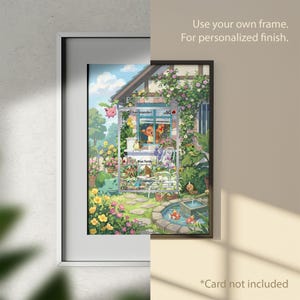 May include: A rectangular wall art print featuring a vibrant garden scene with various small creatures, including a Charmander character in a window. The print is displayed in a dark frame. Text on the image reads: Use your own frame. For personalized finish. *Card not included.