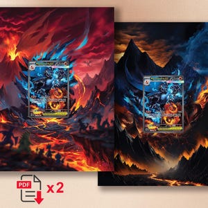 Puede incluir: Dos impresiones en lienzo que representan un paisaje de fantasía con un tema volcánico. Cada impresión muestra una carta coleccionable con una criatura negra y azul. Las impresiones son en tonos de rojo, naranja y azul, con un icono PDF y el número "x2".