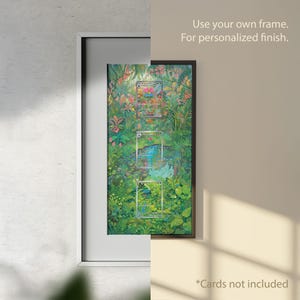 May include: A framed artwork featuring a vibrant jungle scene with three inset card displays. The artwork is predominantly green with colorful flowers and foliage. Text reads "Use your own frame. For personalized finish." and "*Cards not included."