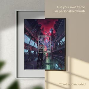 Könnte beinhalten: Gerahmtes Kunstwerk mit einer futuristischen Stadtlandschaft in Rot- und Blautönen. Eine Sammelkarte wird vor dem Kunstwerk angezeigt. Auf dem Rahmen steht: "Verwenden Sie Ihren eigenen Rahmen. Für ein individuelles Finish." Der Text "Karte nicht enthalten" ist ebenfalls sichtbar.