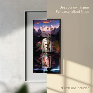 May include: A framed artwork featuring a vibrant landscape with a pagoda and cards. The artwork is displayed in a black frame with a white border. Text on the image reads, "Use your own frame. For personalized finish." and "*Cards not included."