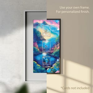 May include: A framed print featuring a vibrant, fantasy landscape with three trading cards. The artwork showcases a colorful underwater scene with lush vegetation and a serene body of water. The text on the print reads, "Use your own frame. For personalized finish."