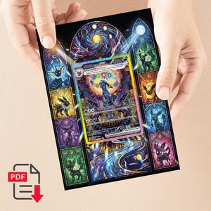 May include: A colorful stained-glass style print featuring various Pokémon characters, with a central card displaying Umbreon EX. The artwork showcases a vibrant mix of blues, purples, and gold, with a PDF icon in the lower left corner.