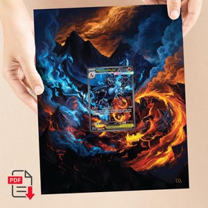 Puede incluir: Una impresión que representa un paisaje de fantasía con elementos de color naranja fuego y azul frío. Una carta coleccionable con una criatura negra y azul está centrada en la impresión. La tarjeta dice "Mega Charizard X GX". La impresión está sostenida por dos manos.