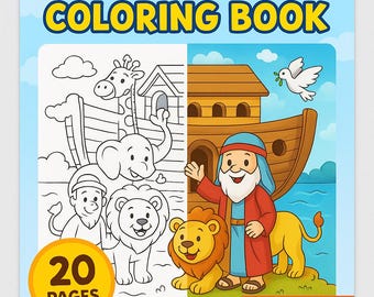 Noaks ark målarbok för barn | 20 roliga utskrivbara sidor | Aktivitetsbok för åldrarna 2-6 | Direkt nedladdning i PDF-format | Religiös bibelmålarbok