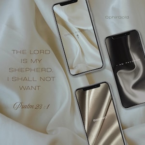 Peut inclure: Trois smartphones avec des écrans affichant des messages inspirants et une croix, sur fond de tissu fluide. Le texte "THE LORD IS MY SHEPHERD. I SHALL NOT WANT" et "Psalm 23:1" sont également visibles.