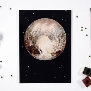 Postkarte Aquarell Planeten – Pluto – Weltraum Bild – Universum Deko – Kunstdruck Din A6