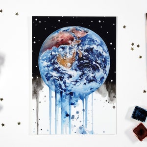 Postkarte Aquarell – Erde – Weltall Deko – Planeten Bilder – Kunstdruck Din A6