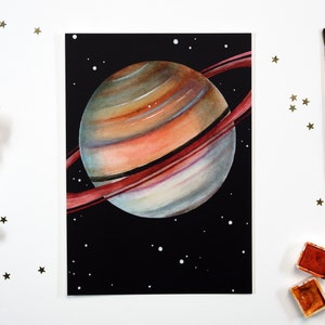 Postkarte Aquarell Planeten – Saturn – Weltraum Bild – Universum Deko – Kunstdruck Din A6