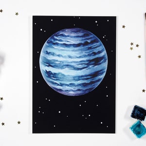 Postkarte Aquarell – Neptun – Weltall Bild – Planeten Deko –  Wandbild Weltraum – Kunstdruck Din A6