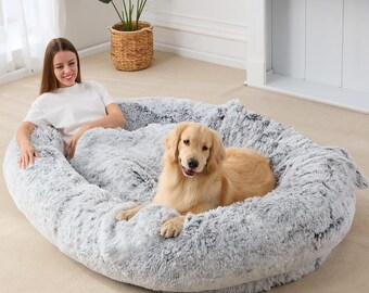 Large Human Dog Bed Bean Bag Bed for Humans Giant Beanbag Dog Bed with Blanket for People, Families, Pets, 75.5"X55"X12" (Grey Plush)