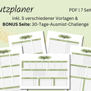 May include: A set of printable cleaning schedule templates in PDF format. The templates include five different layouts and a bonus 30-day decluttering challenge page. The title of the document is "Putzplaner" and the text "PDF | 7 Seiten" is visible in the top right corner.