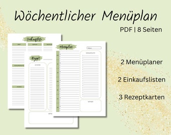 Menu Planner | Shopping List | Recipe Card | Meal Planner | weekly menu plan to print | german | Planner Set | PDF | A4 & A5