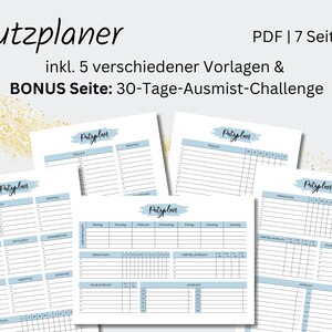Könnte beinhalten: Eine Sammlung druckbarer Reinigungsplaner-Seiten mit dem Titel "Putzplaner". Die Seiten haben einen hellblauen Header und sind für tägliche, wöchentliche, monatliche und jährliche Reinigungsaufgaben konzipiert. Der Text "PDF | 7 Seiten" ist ebenfalls sichtbar.