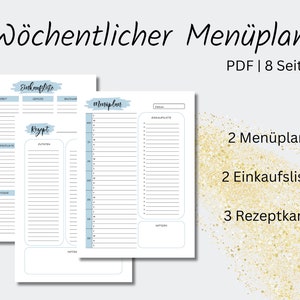 Menu Planner | Shopping List | Recipe card | Meal Planner | weekly menu plan to print | german | blue | Planner Set | PDF | A4&A5