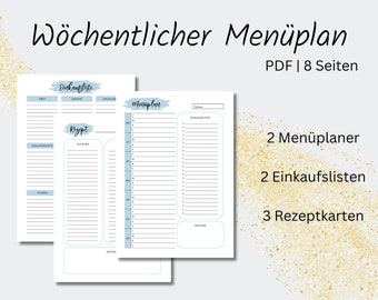Menu Planner | Shopping List | Recipe card | Meal Planner | weekly menu plan to print | german | blue | Planner Set | PDF | A4&A5