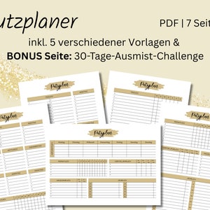 Könnte beinhalten: Ein druckbarer Putzplaner mit 7 Seiten, inklusive 5 verschiedenen Vorlagen und einer 30-Tage-Entrümpelungs-Challenge. Der Planer hat ein braunes und weißes Farbschema mit dem Text "Putzplaner" in einer handschriftlichen Schrift.