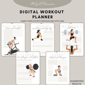 May include: Digital workout planner with five different workout plans: full body, lower body, lower body, upper body, and workout planner. Each plan has a graphic of a woman exercising. The text "Guaranteed Results!" is at the bottom of the image.