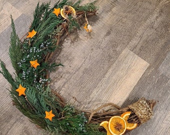 Yule Wreath, Winter Witch Cottage Decor, Evergreen Moon Wreath
