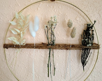White Boho Botanical Hoop Wreath, Gold Hoop Wreath, White Dried Flower Decor,  Mother&#39;s Day Flowers, Housewarming Gift, Hostess Gift