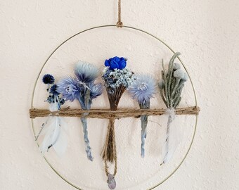 Blue Boho Botanical Hoop Wreath, Gold Hoop Wreath, Blue Dried Flower Decor, Mother&#39;s Day Flowers, Teacher Gift, Hostess Gift