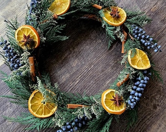 Orange Slice Pine Yule Holiday Wreath with Cinnamon and Anise