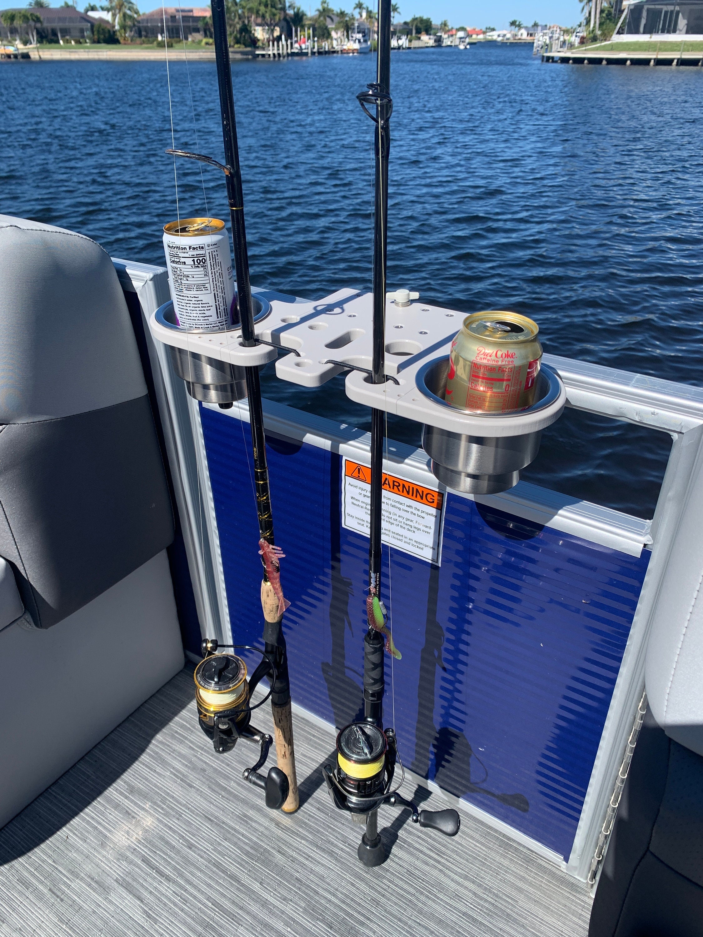 Pontoon Rail - Double Cup and Rod Holder - Fits (1-1/8") or (1-1/4") up to 2.00" Tall Rails