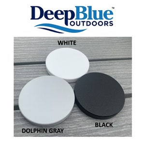 May include: Three round lid samples in white, dolphin gray, and black. The lids are for outdoor furniture. The text "DeepBlue Outdoors" is at the top of the image.
