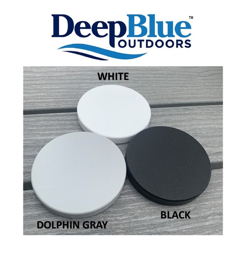 May include: Three round lid samples in white, dolphin gray, and black. The lids are for outdoor furniture. The text "DeepBlue Outdoors" is at the top of the image.