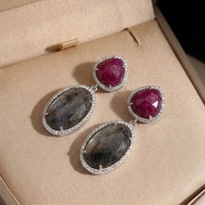 925 Sterling Silver Ruby Sapphire Drop Earrings | Moissanite Halo Earrings | Gemstone Dangle Earrings | Statement Earrings | Gift for Her