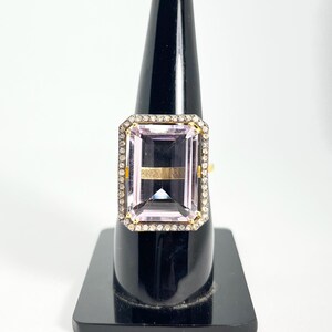 Elegant Emerald-Cut Pink Amethyst Ring in Gold-Plated Silver with Diamond Halo - Luxurious Statement Ring - Perfect Gift for Her