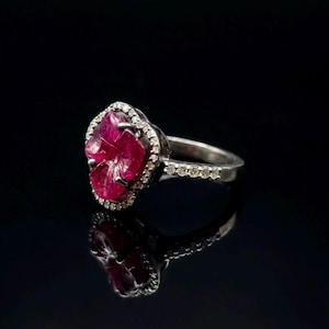 Glass-Filled Ruby Flower Ring, 925 Sterling Silver Diamond Halo Statement Jewelry