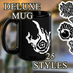 May include: Black ceramic mug featuring a white design of a hand with a spiral. The mug has white text that reads "DELUXE MUG" and "25 STYLES".