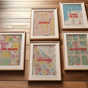 Mapa de la ciudad de Nueva York de los 5 distritos, arte antiguo descargable DIGITAL, decoración de la ciudad de Nueva York del siglo XIX, Brooklyn, Bronx, Manhattan, Staten Island, Queens