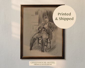 Gentleman in Chair Sketch PRINTED and SHIPPED Vintage Pencil Art Antique American Artist Minimalist Neutral Decor Multiple Sizes
