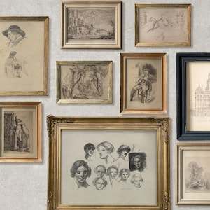 Vintage Sketch Gallery Wall Set Portrait Landscape Set Ornate Antique Sketch Art Drawing PRINTABLE Set of 9 Minimalist Rustic Neutral Decor