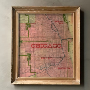 Conception de carte de Chicago vintage, imprimée et expédiée, art historique antique, décoration d'Americana, impression de carte de Chicago historique